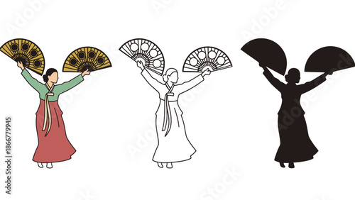 Traditional Korean woman dancing with colorful fans