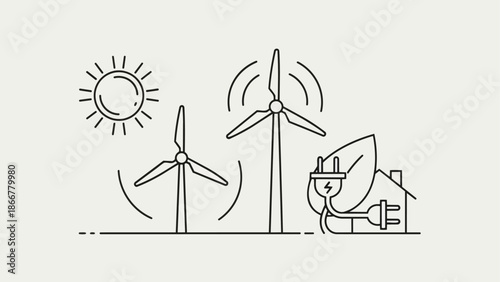Renewable Energy Sources Wind Turbines and Solar Power Illustration.