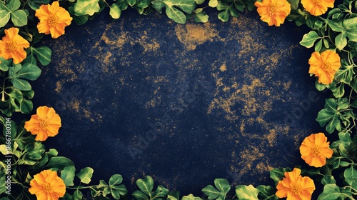Floral Frame with Deep Navy Blue Background and Soft Gold Tones, Perfect for Invitations and Greetings