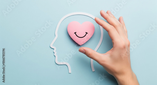 Mental Health and Emotional Well Being Concept with Hand Holding Smiling Heart Inside Human Head Silhouette