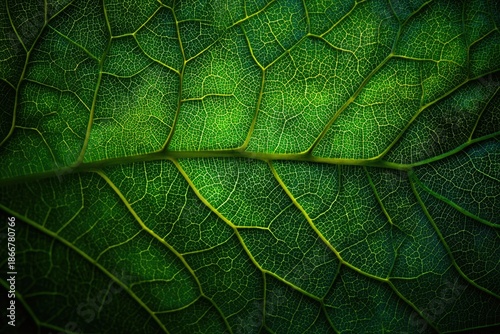 Macro shot revealing intricate vein structure and vibrant color gradients of a green leaf