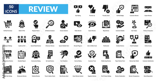 review glyph icon set. Workflow, Process Flow, Task Management, Business Strategy, Process Automation, Optimization, Decision Making