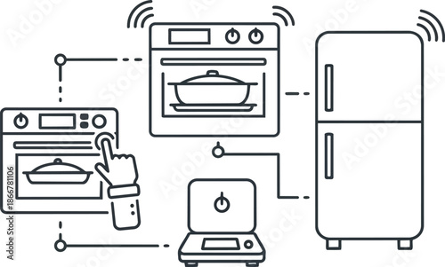Smart Kitchen Appliances Connected via Technology Network.