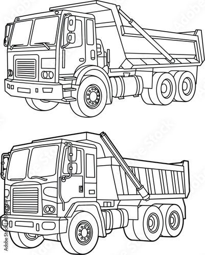 Vector Line Art Illustration of Heavy Duty Tipper Trucks for Construction Industry Transportation and Industrial Vehicle Concepts