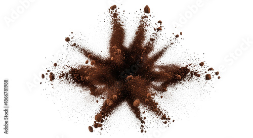 Dark brown granulated cocoa powder exploding dynamically, suspended mid-air against transparent background with copy space, macro, high-speed studio photography, Concept for premium food