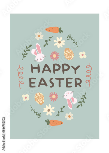 Happy Easter Day greeting card, invitation card, social media post, posters or flyers. Bunny easter card. Cute Easter bunny and spring flowers in pastel colors.