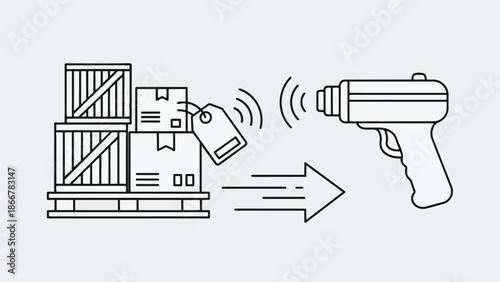 Warehouse inventory management with barcode scanner and boxes.
