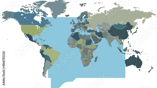 World Map Highlighting Atlantic Ocean and Surrounding Continents.