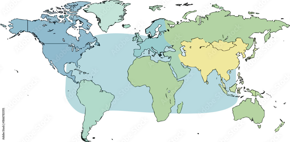 Fototapeta premium World Map with Continents Highlighted in Different Colors.
