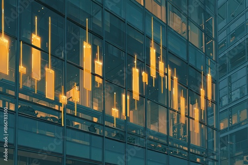 Gleaming skyscraper reflecting digital stock data, financial market visualization