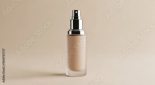 A close-up studio shot of a bottle of foundation makeup with a pump dispenser on a neutral background