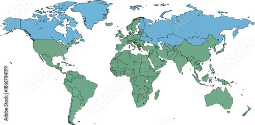 World map showing distribution of two distinct regions in green and blue colors.