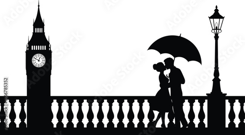 Romantic, silhouette, couple, kissing, under, umbrella, on, London, bridge, near, Big, Ben, rainy, night, city, love, scene, black, white, vector