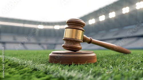 Sports Law Concept – Wooden Gavel on Stadium Grass Representing Legal Decision in Athletics, gavel, stadium, sports, law, legal, judgment, regulation, controversy, field, grass, justice