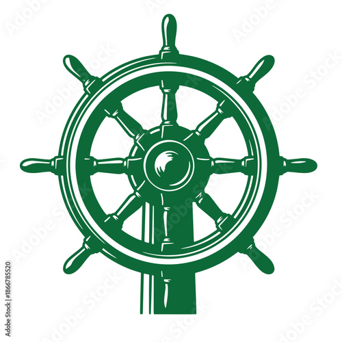 Green ship helm wheel isolated on white background for navigation and transportation themes