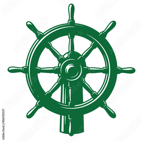 Green ship helm wheel illustration isolated on white background for navigation and sailing concepts