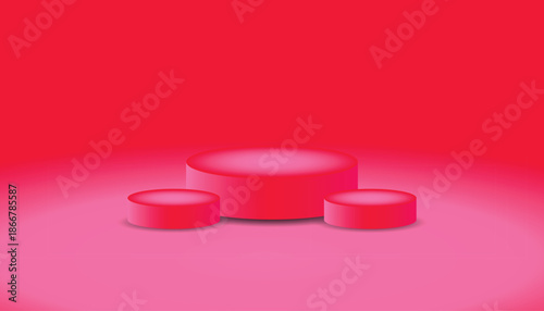 A vibrant red background features three cylindrical podiums of varying sizes perfect for product display or abstract presentation high quality professional