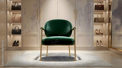 Bright green chair is prominently situated in the middle of a neat, organized walk-in closet or dressing room, suggesting fashion and storage