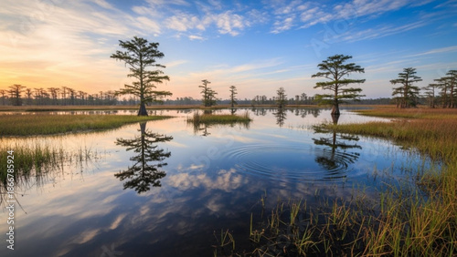 Serene landscape of a peaceful wetland with trees reflected in calm water at sunset