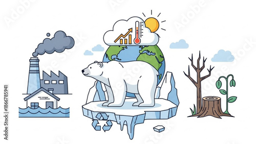A polar bear stands on melting ice with a factory polluting nearby and a tree stump