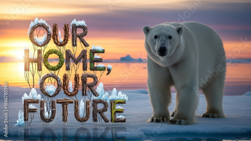Polar bear standing on ice with text our home our future at sunset
