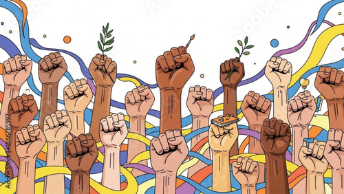 Diverse hands raised in solidarity with fists clenched and objects held high in a vibrant