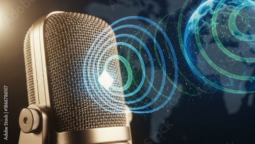 A professional microphone with blue sound waves emanating from it on a dark background