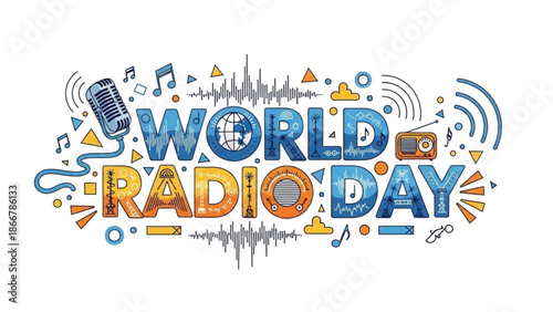 World radio day celebration illustration with microphone and radio elements