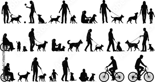 Mega Collection of Diverse Silhouettes Featuring People with Pets Travelers Business Professionals and Active Lifestyle Poses Isolated on White Background