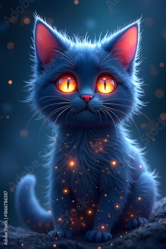 AI Generative. Magical Blue Fluffy Cat with Glowing Orange Eyes and Fireflies in a Dreamy Night Scene. 3