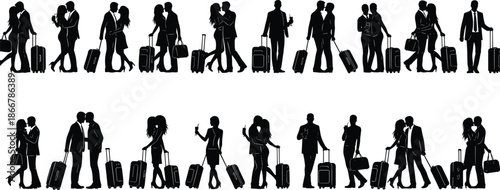 Silhouettes of Travelers and Couples with Suitcases and Baggage Isolated on White Background for Tourism Travel and Vacation Design Projects