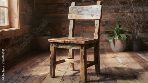 Comfortable wooden chair is positioned right in front of a large window in a bright room, suggesting a peaceful spot for reading or contemplation
