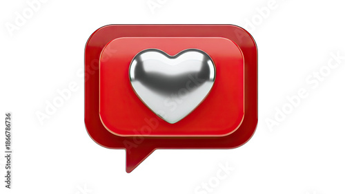 3D Red Speech Bubble with Silver Heart Icon on transparent background