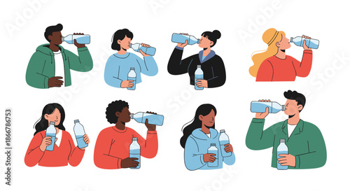 A set of diverse people, men and women of different ethnicities, drinking clean water from plastic bottles to stay hydrated and healthy.