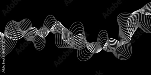 A dynamic 3D rendering of a DNA helix structure features a spiraling molecule pattern and motion wave design as a scientific research concept element set against a dark black backdrop