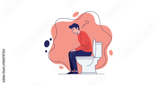 Unhappy man sitting on a toilet with a pensive expression, suffering from constipation or other digestive health problems.