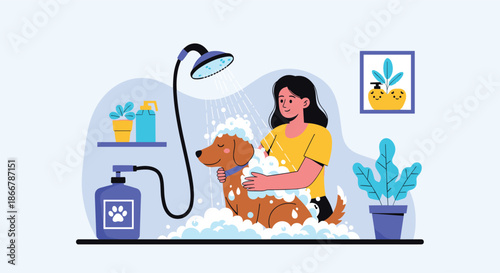 Caring woman giving her happy dog a bath with a shower and shampoo, creating lots of foam in a modern bathroom setting.