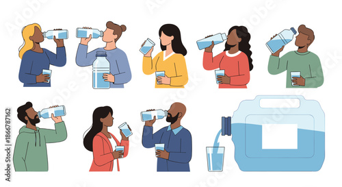 Collection of diverse multicultural people drinking clean water from glasses and bottles to stay hydrated for a healthy lifestyle.