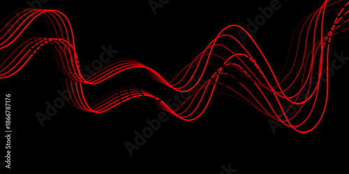 Dynamic red and white glowing heart beat wave lines create a fractal energy pattern with a motion effect on a black technology backdrop illustration