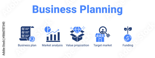 Business Planning web banner icon vector illustration concept for  with icon of Business plan, Market analysis, Value proposition.