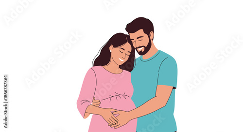 Happy and loving husband hugging his smiling pregnant wife from behind, both gently holding her belly in a tender moment.