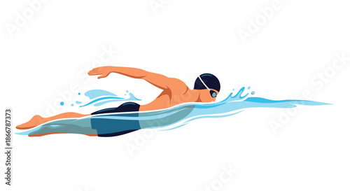 Male athlete swimming the front crawl stroke in the water, illustrating a professional swimmer in action for a sports competition.