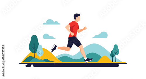 Young man running through a stylized park landscape with trees and hills, engaging in a healthy and active outdoor lifestyle.