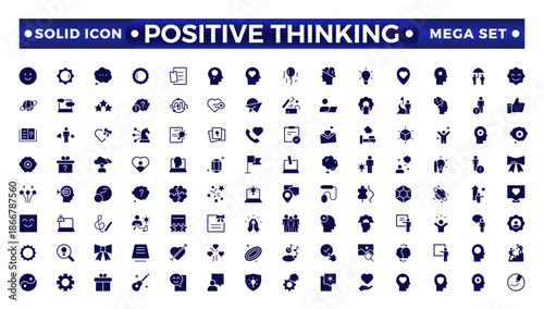 Positive thinking solid icon set. Psychology and mental solid icons collection. Big UI icon set in a flat design. It contains self-care, optimism, love, a healthy lifestyle, and happiness.