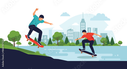 Two young men skateboarding and performing tricks at a skate park with a modern city skyline visible in the background.