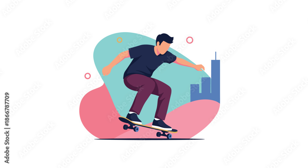 Obraz premium Young man performing a trick on a skateboard with a city skyline and colorful abstract shapes in the background for an urban style.
