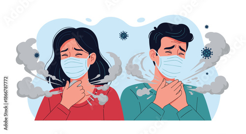Sick man and woman wearing protective face masks coughing and having difficulty breathing due to a virus or air pollution.