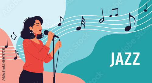 Talented female jazz singer performing on stage, singing into a vintage microphone with musical notes on an abstract background.