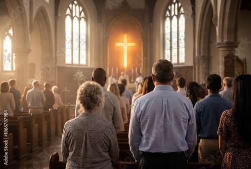 Diverse congregation stands in church pews during a religious service with a glowing cross