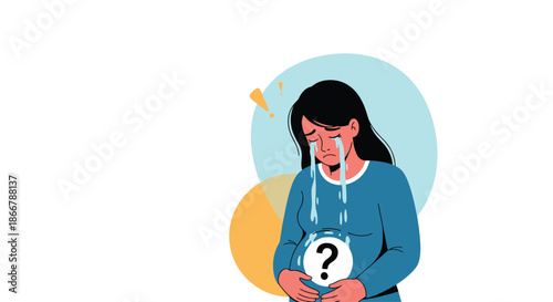 Distraught and crying pregnant woman holding her belly, which contains a question mark, illustrating emotional turmoil and uncertainty.